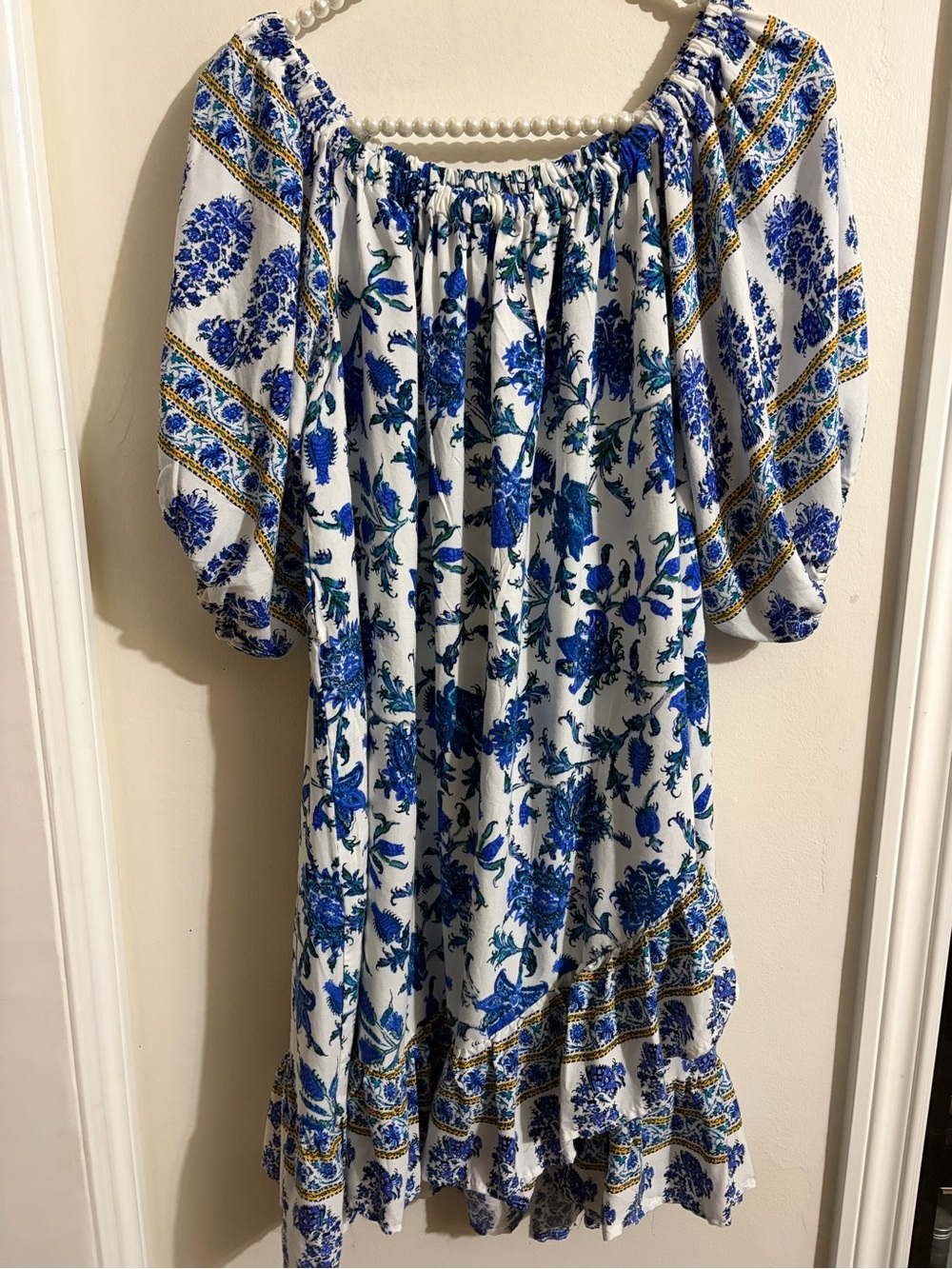Blue Floral Off-Shoulder Midi Dress with Puff Sleeves